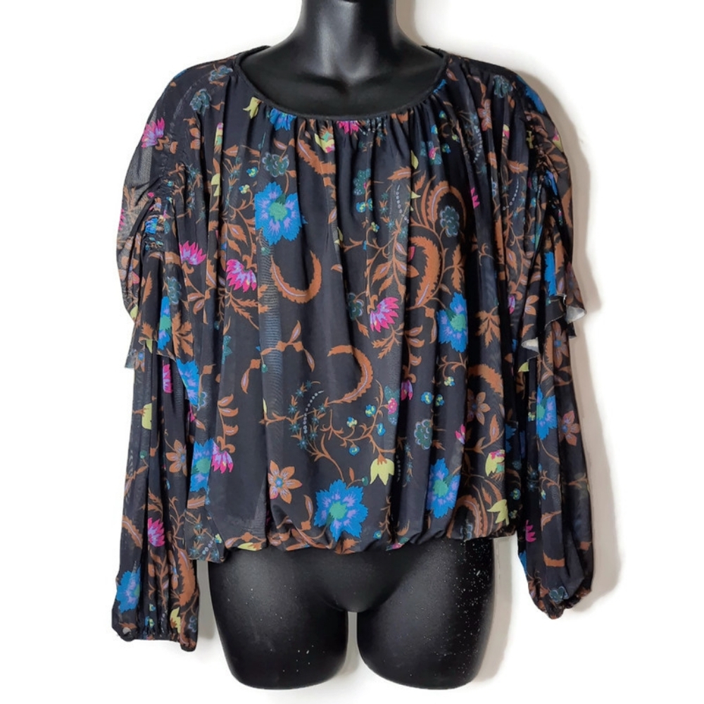 FREE PEOPLE Wildflower Mesh Blouson Top Ruffle Long Sleeve Oversized XS 2 4 6 - Picture 3 of 8
